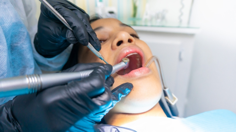 Woman getting a dental procedure done.